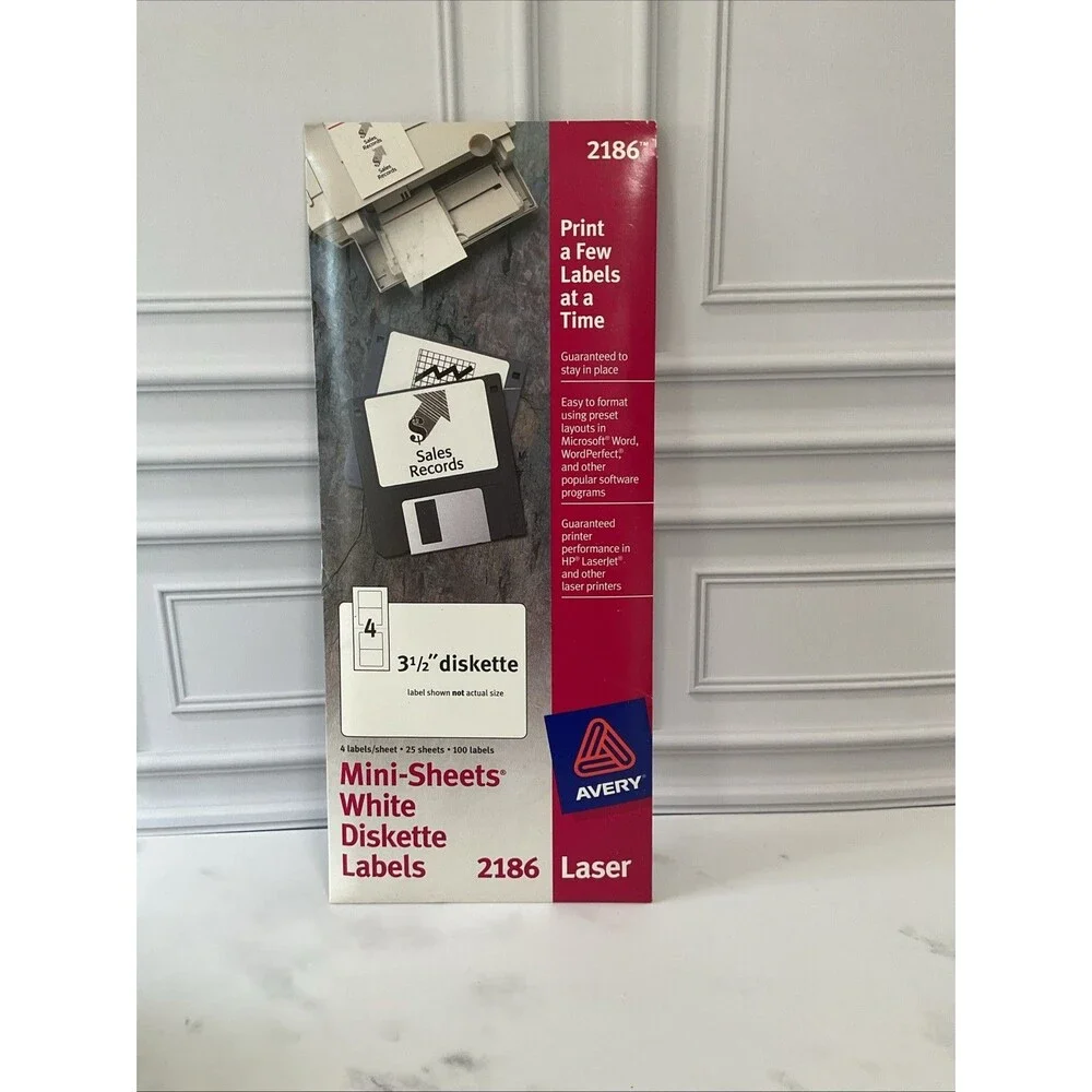 Avery 2186 Mini Sheets White Diskette Labels 25 Sheets,100 Labels